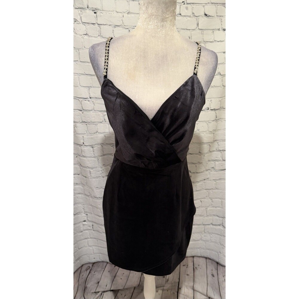 Francescas Mi Ami Velvet Mini Dress Black/gray Rhinestone Strap Faux Wrap Glam M